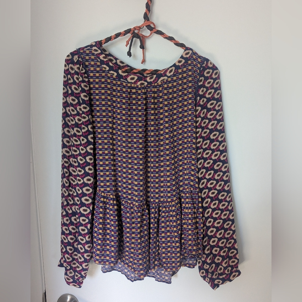 Maeve by Anthropologie Blouse | Medium Boho Floral Geometric Print Long Sleeve